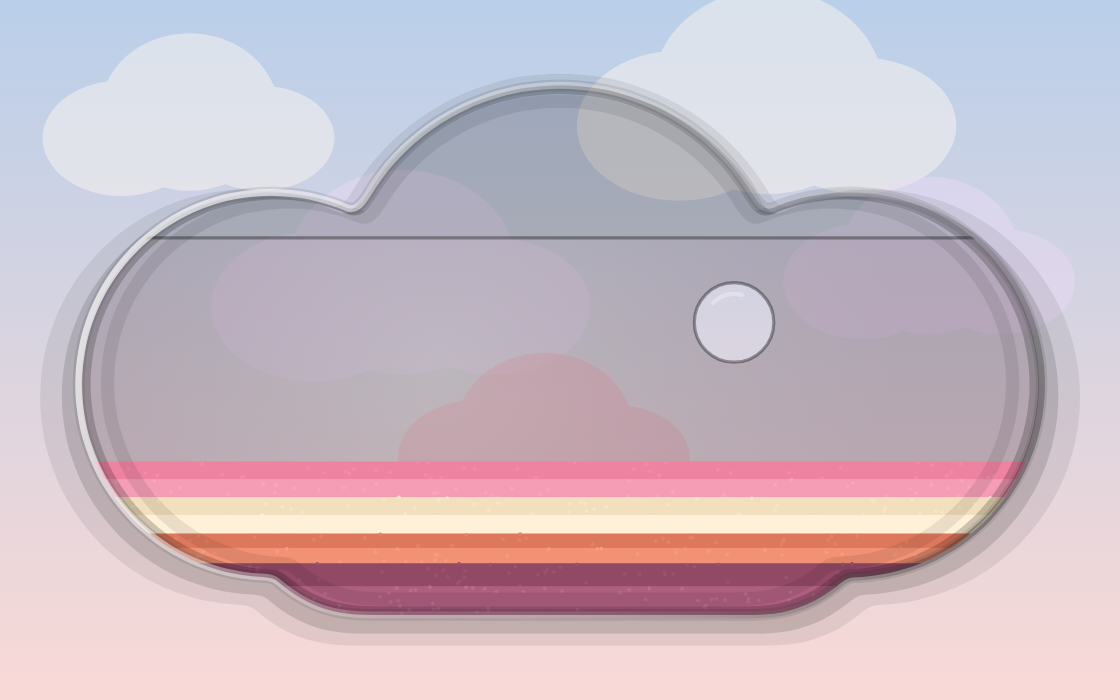 Cloud-shaped sand art with strawberry pink layers against a pastel cloudy sky