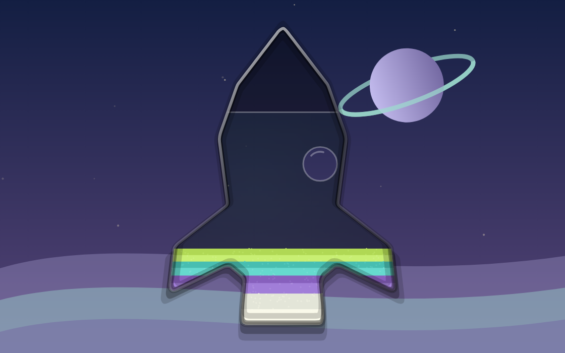 Rocket-shaped sand art with lime and turquoise layers beneath a ringed planet